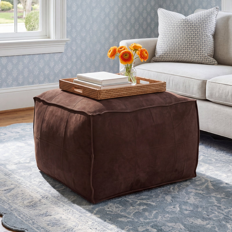 Shara Leather Pouf, Dark Brown Genuine Leather
