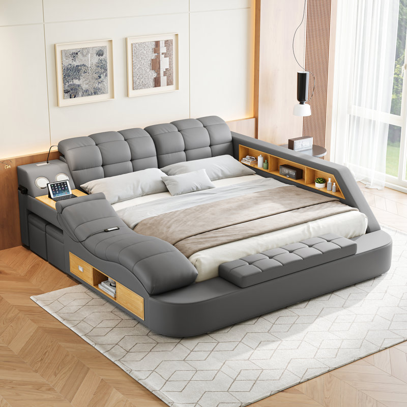 Multi-Functional Bed, Solid Wood Frame and Faux Leather Upholstery, Remote-Controlled Massage Recliner on the Left, Modern LED Lights, Bluetooth Speakers, USB Charging Ports, Adjustable Backrest