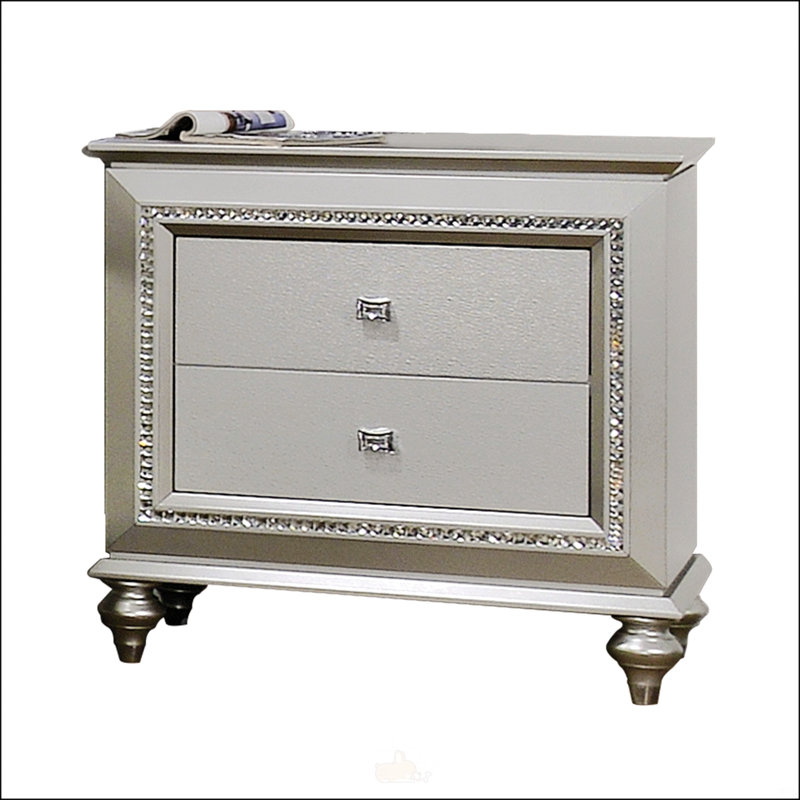 Table de chevet 2 tiroirs Champagne avec garniture étincelante, solution de rangement élégante pour les chambres et les salons