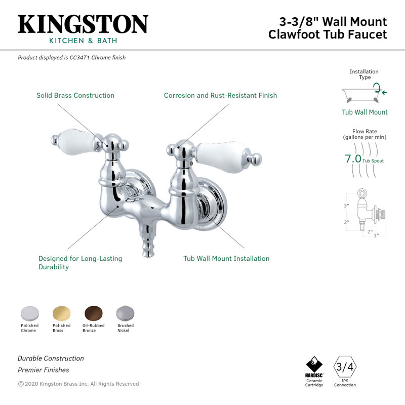 Kingston Brass Vintage Two-Handle 2-Hole Tub Wall Mount Tub Faucet, Polished Brass