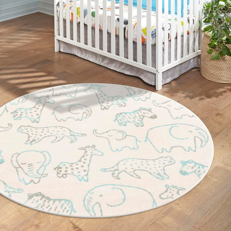 Whimsy Safari Animals Kid Rug, Round 5'3", Ivory