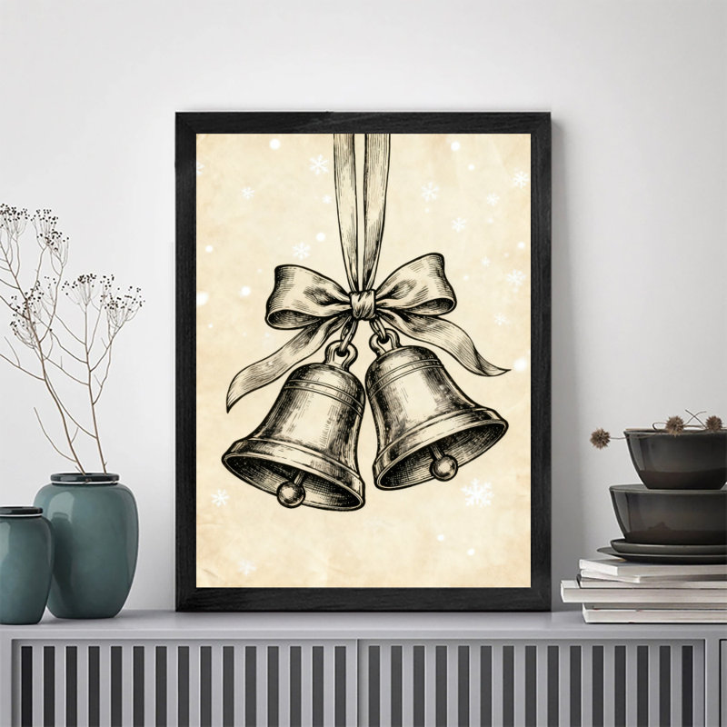 Reproduction d'art de cloche de Noël rétro encadrée noire, H 17 po x l 13 po