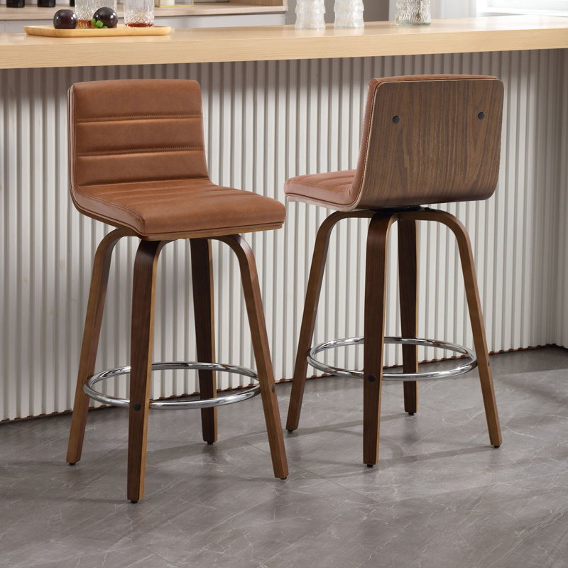 Swivel Upholstered Counter & Bar Stool With Solid Wood Frame and L-Shaped PU Leather Back, Counter Stool (26" Seat Height)