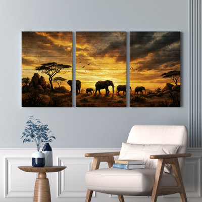 African Safari Sunset Elephant Herd Canvas Wrapped Wall Art Set Of 3