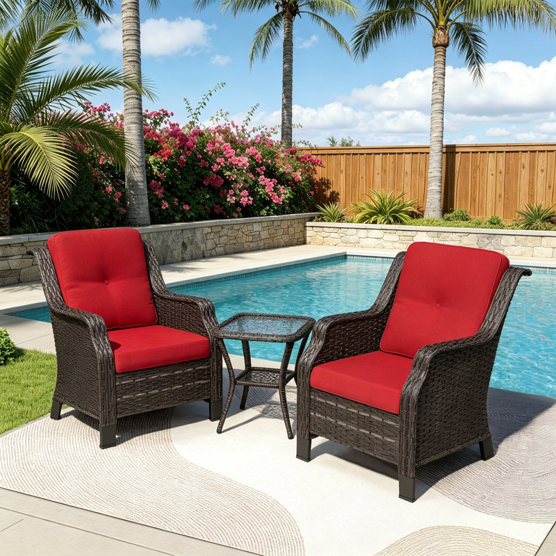 2-Person PE Wicker Outdoor Patio Set with 2 Chairs,Side Table & Red Cushion, Red