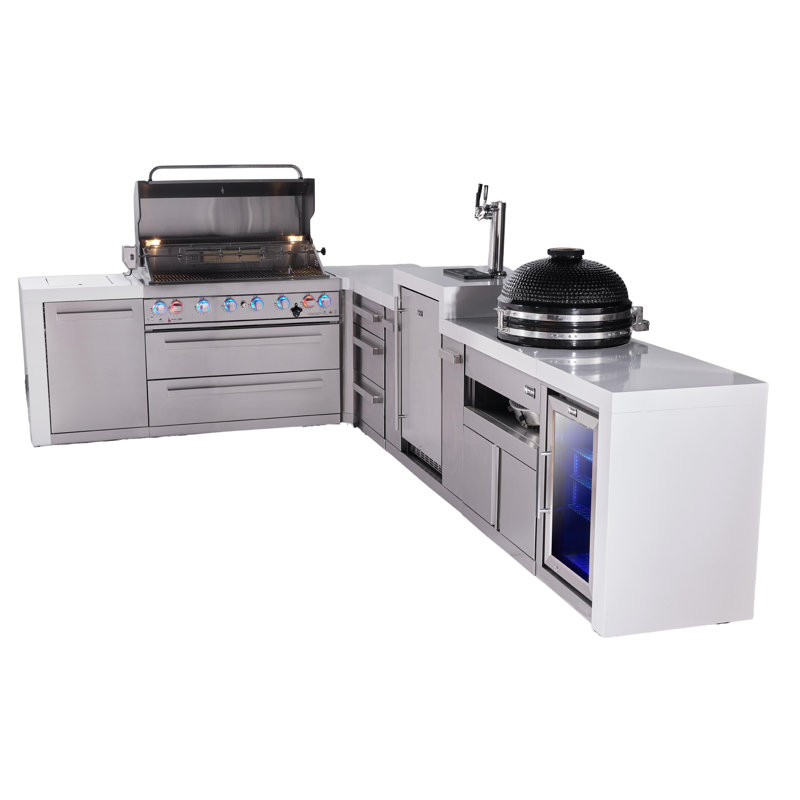 Mont Alpi Premium 6-burner 94"x156" L-shaped 805 Deluxe Stainless Steel Modular Outdoor Kitchen Island Bbq Grill + Side Burner + Kegerator + Refrigerator + Kamado + Storage Drawers & Cabinets + Cover