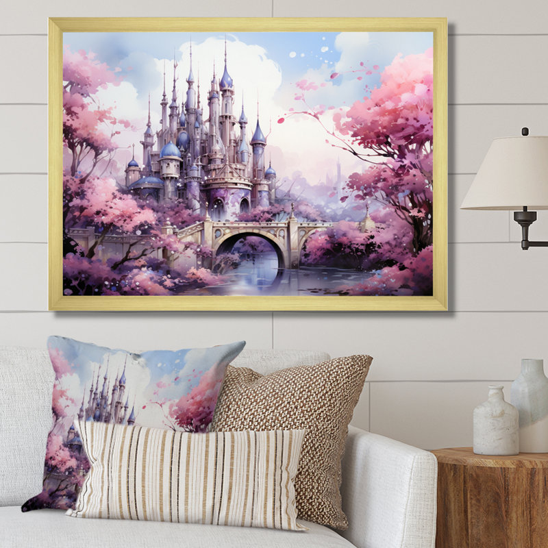 Pink Bridge Enchanted Crossing II - Architecture Canvas Art Print, Encadrement doré, H 30 po x l 40 po x P 1,5 po