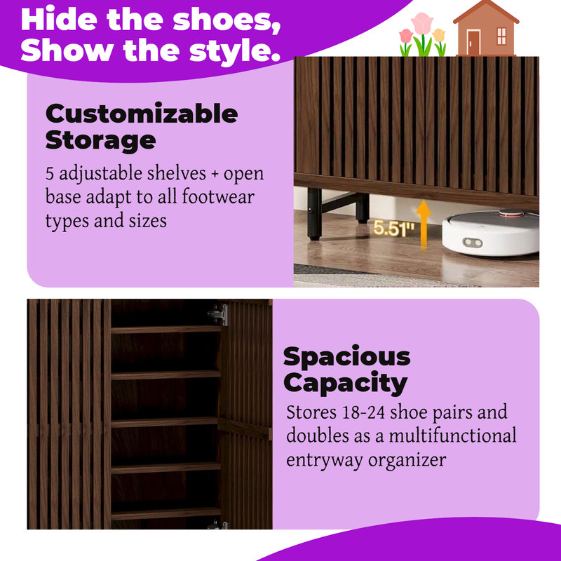 Range-chaussures ventilé à 6 niveaux avec portes à persiennes et tablettes réglables, Noyer foncé