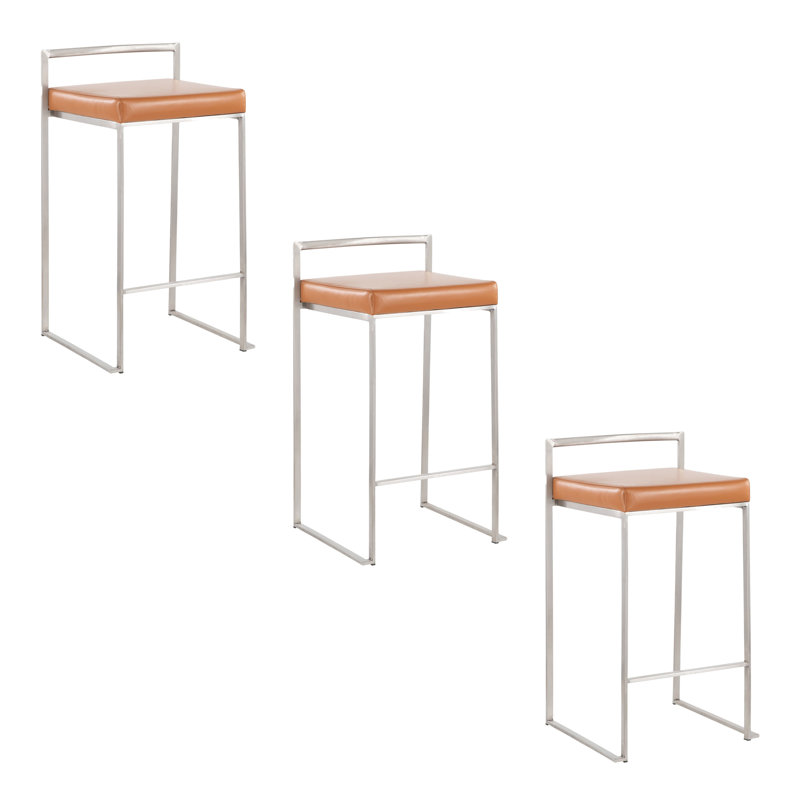 Ernestine Stackable Faux Leather Stool, Counter Stool (27" Seat Height), Camel/Stainless Steel
