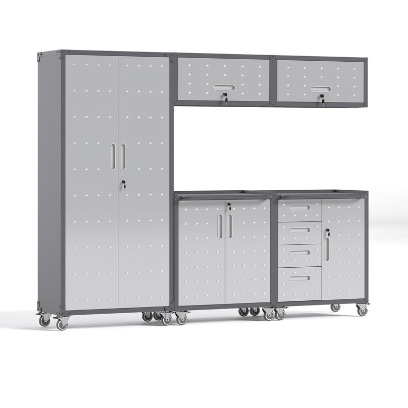 Heavy Duty Steel Garage Storage Cabinet System | 5-Piece Modular Workshop Set with Rolling Tool Cabinets & Lockable Wall Cabinets | Easy Assembly Garage Organization for Tools & Equipment