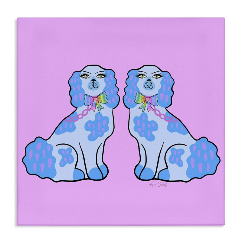 Funky Dogs, toile bleue et rose, design par Katie Conley, H 17 po x l 17 po