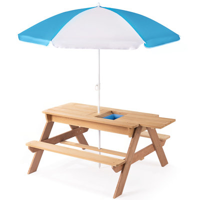 Table de pique-nique en bois pour enfants 3 en 1 avec parasol, sable convertible et wate, gris ASTM et CPSIA