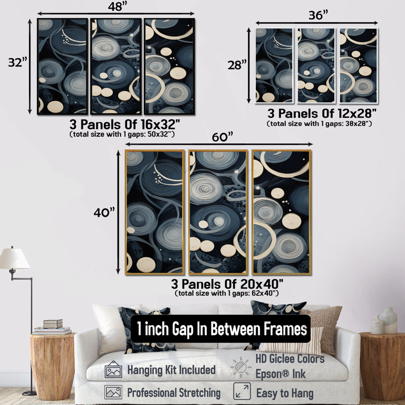 Ensemble de salon White Moons On Retro Blue - Geometric Wall Art, Cadre flottant doré, H 40 po x l 60 po x P 1 po