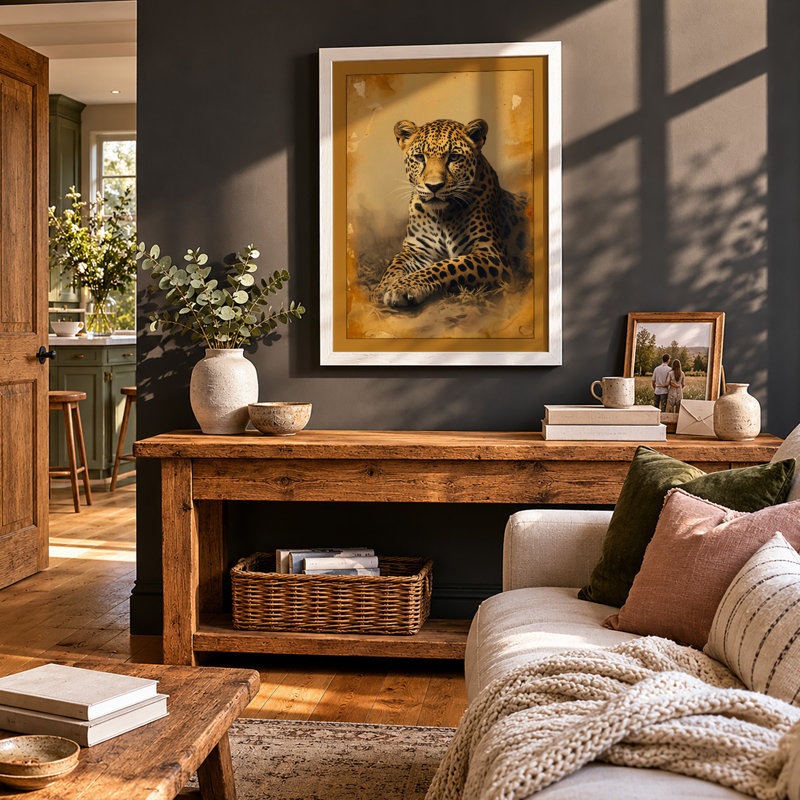 Golden Leopard Rustic - Framed Print, A4 - 29.7 x 21.0 cm, White