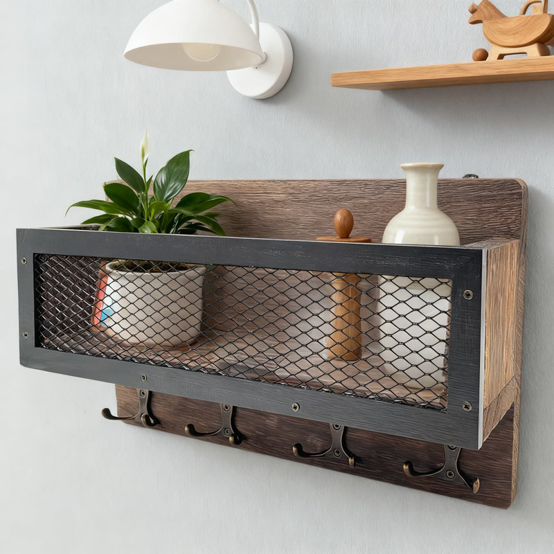 Porte-clés mural et organisateur de courrier avec 4 crochets doubles, rangement en bois rustique pour les clés, le courrier, les magazines et les articles de tous les jours, installation facile avec la quincaillerie incluse
