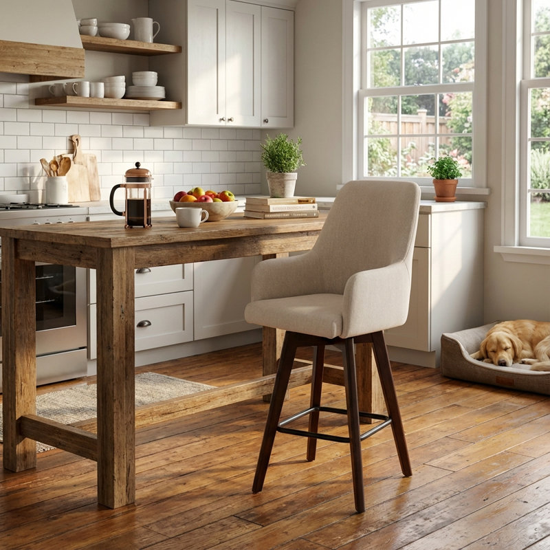 Tabouret de bar et de comptoir pivotant rembourré en bois massif, Chenille beige, 2