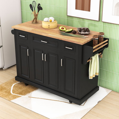 Kitchen Island with Rubber Wood Drop Leaf, Embossed Texture Rolling Kitchen Cart on 4 Wheels with 4 Doors and 3 Drawers
