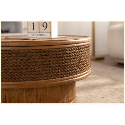Table basse ronde 31,5 "avec couvercle rabattable, corde de chanvre et table tissée en rotin de style naturel rétro pour le salon, la salle à manger et la cuisine