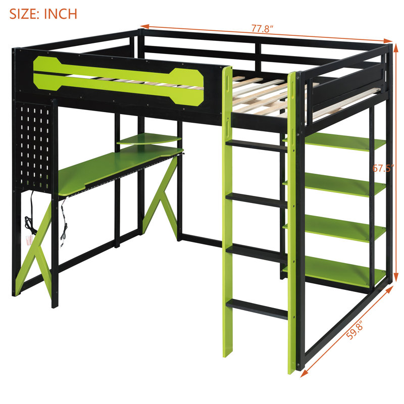 Full Size Wood Loft Bed with Desk, Shelves, Power Outlet & USB/Type-C Ports, , and RGB Light, Black+Green, Black/Green