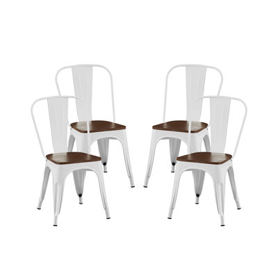 Set Of 4 High Gloss White With Walnut Wooden Seat Industrial Metal Dining Chairs 18 Inch Seat Height Stackable, Indoor Outdoor, Lightweight Easy-Clean Surface, Easy Assembly, Durable Modern Design