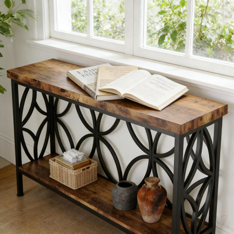 Coffee Table,Industrial Sofa Table,2-Tier Console Table, Black, Rustic Brown