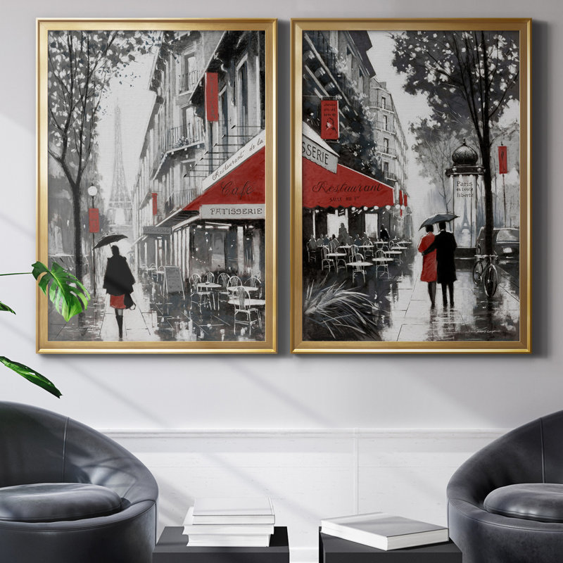 «Rainy Paris I», ensemble de 2 reproductions d'art, H 18,5 po x l 49 po x P 1,5 po, Toile encadrée dorée, Pas de tapis