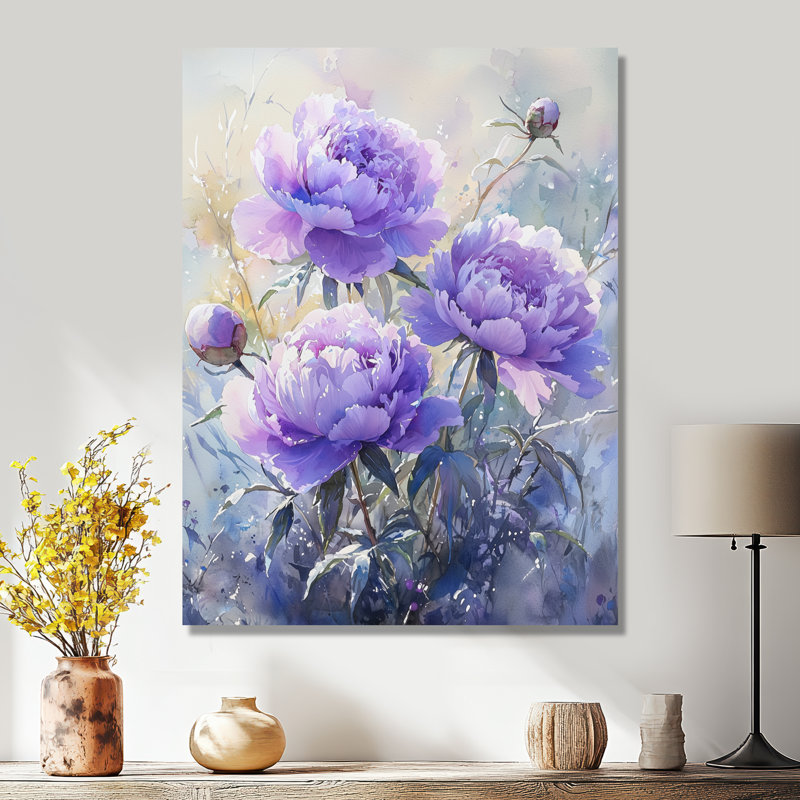 Lavande, hiver, pivoines, étreinte III - pivoines, impression sur métal, H 20 po x l 12 po