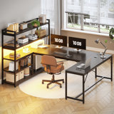 63'' Reversible Computer Desk With LED Power Outlet And Storage Shelves