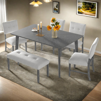 Ensemble de table de salle à manger 6 pièces, table de salle à manger rustique de style campagnard avec 4 chaises rembourrées et banc, ensemble de table de salle à manger en bois massif pour 6 personnes