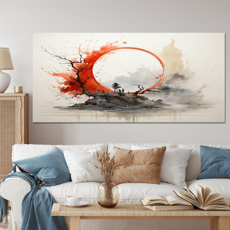 Rouge et gris, art bouddhiste Enso Lumières - art mural bouddhisme, H 28 po x l 60 po x P 1,5 po, Toile tendue
