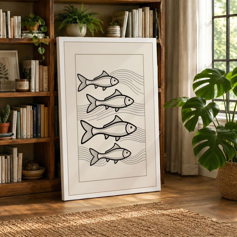 Four Fish Study Japandi - Wrapped Canvas, 18x12 - 45.7 x 30.5 cm, Ochre Border