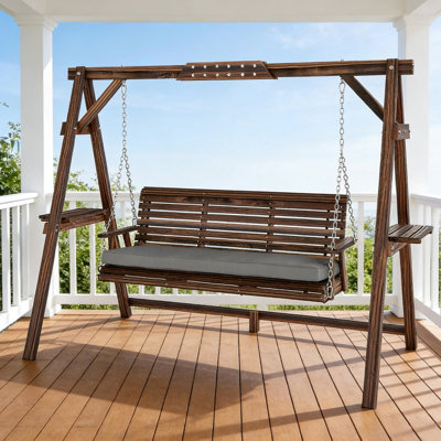 Outdoor Swing Chair - Garden Wooden Conversation Piece With Ergonomic Design, Thick Cushion, Side Trays, And Secure Carabiners. Adjustable Angle, 95.7" W X 52.8" D 66.9" H Extra Hanging System, Solid
