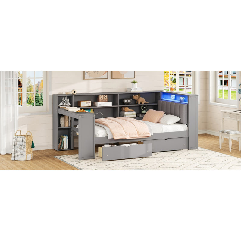 Wood Twin Platform Bed With Upholstered Headboard, Storage Shelves, 2 Drawers, Charging, Led And Desk, Grey Shade Blend Size Platform, Charging Ports, 7 - Color Led, Headboard Table, Hue Accent