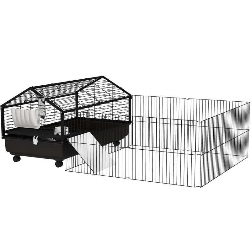 Small Animal Cage with Foldable Run Area, Rolling Bunny Cage, Guinea Pig Cage, Hedgehog Cage with Water Bottle, Water Bowl, and Ramps, 46.5"