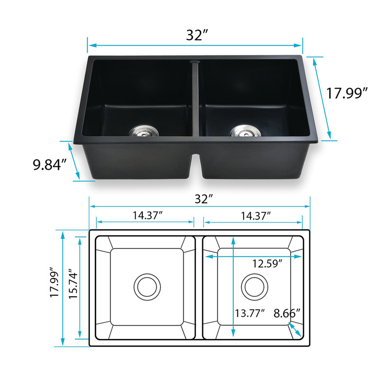 Évier de cuisine à double cuve encastrable 32 po x l 18 po avec crépine
