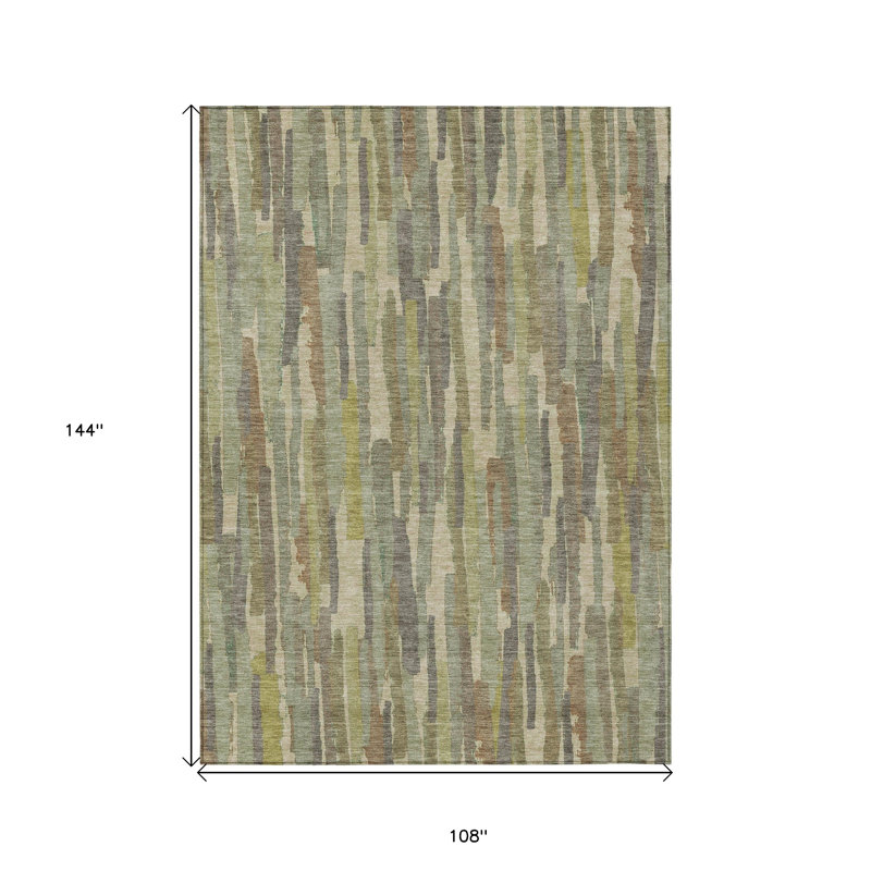 9' X 12' Artichoke Green And Ivory Striped Washable Indoor Outdoor Area Rug, Rectangle 9' X 12'