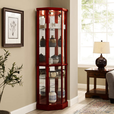 Cherry Curio Cabinet With Mirrored Back, 6 Shelves And Adjustable Tempered Glass Shelf Back In Modern