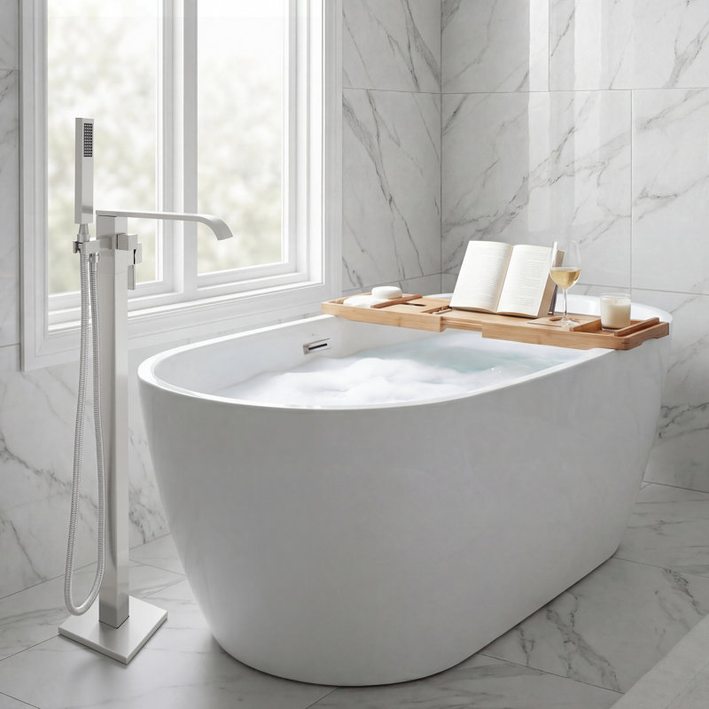 Free Standing Tub Faucet, High Flow Freestanding Bathtub Faucet with Waterfall Spout & Handheld Shower, 360°Swivel Tub Filler, Brass Body