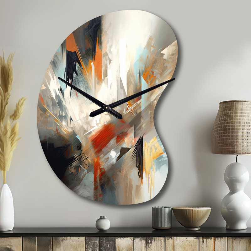Orange et bleu abstrait mélangé de couleurs IV - Minimalisme horloge asymétrique en métal, impression de forme unique en métal crème