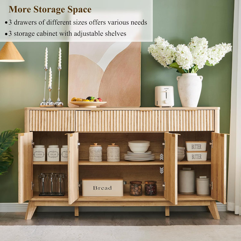 60" Sideboard Buffet Cabinet With Doors And Shelves, Modern Buffet Storage Cabinet With Drawers, Wood Large Sideboard For Kitchen, Living Room For Office, Bedroom Storage Cabinet, Hallway Storage Cabinet