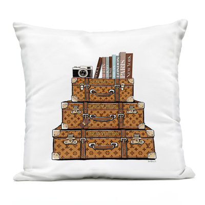 Trendy Stacked Luggages Outdoor Printed Pillow design by Amanda Greenwood