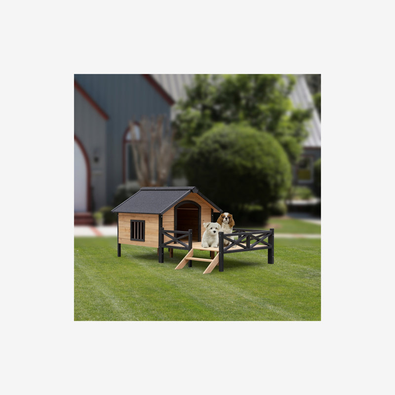 Grand chenil d'extérieur en bois avec niche pour chien, Brun jaune