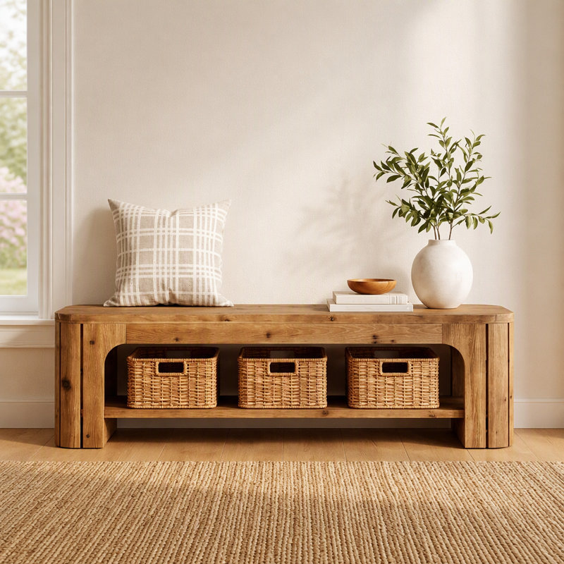Banc de 63 po en bois massif, banc de rangement ouvert à 2 niveaux pour chaussures, banc de couloir rustique