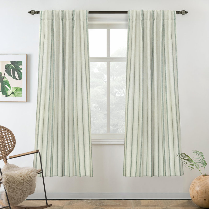Blackout Curtain Pair, 52" W x 108" L, Red Stripe/Light Linen-Back Tab