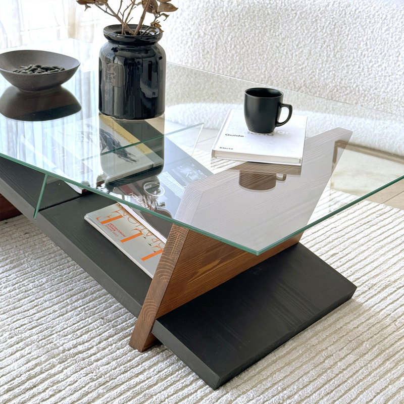 Modern Coffee Table with 100% Tempered Glass Top & Solid Pine Wood Frame, Black & Chestnut Finish, 41.3 x 12.2 x 25.6 inches | Stylish Design for Living Room & Office, Durable & Elegant Furniture