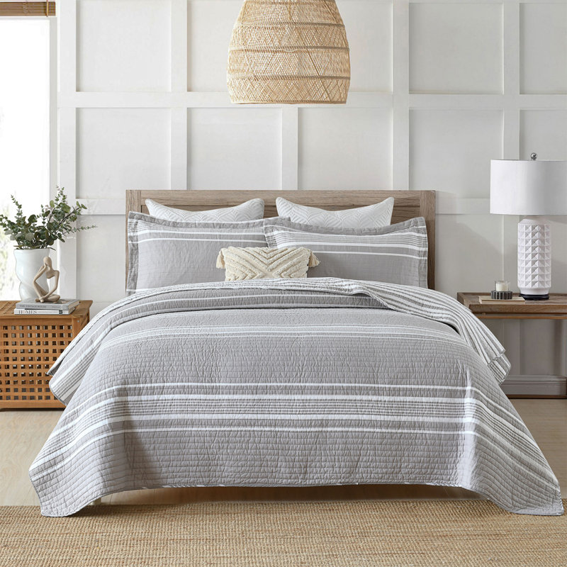 Ensemble de courtepointe 100% coton DUHOONG, Courtepointe pour lit grand + deux taies décorati, Gris / Blanc