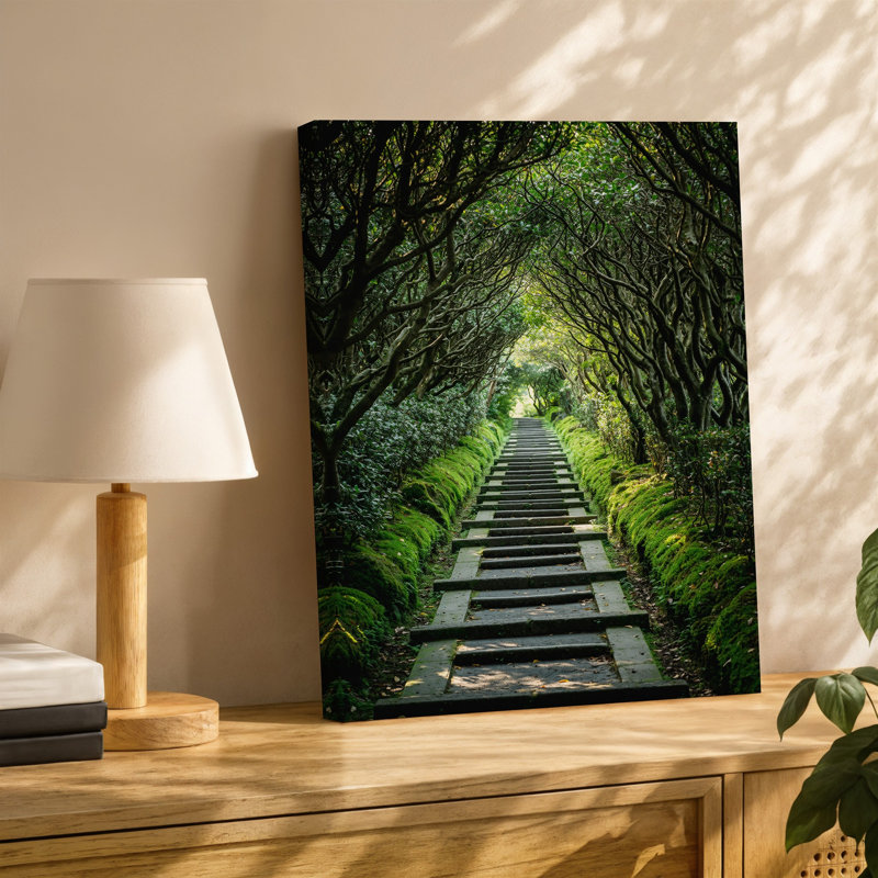 Toile, un sentier forestier serein serpente à travers un paysage vert luxuriant flanqué d'arbres torsadés avec une toile délicate à feuilles