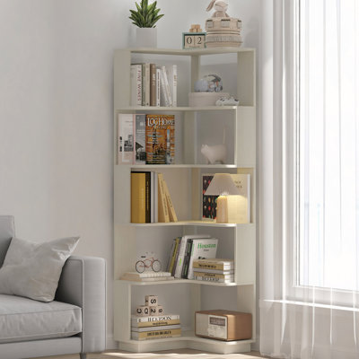 Bibliothèque de coin autoportante en forme de L à 6 niveaux pour le salon, la chambre à coucher, la bibliothèque en bois avec panneau anti-chute et dispositif anti-basculement, étagère de rangement ouverte pour le bureau à domicile