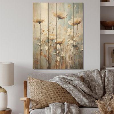 Beige Wildflowers Garden Whispers - Wildflowers Wood Panel Wall Art On Natural Pine Wood
