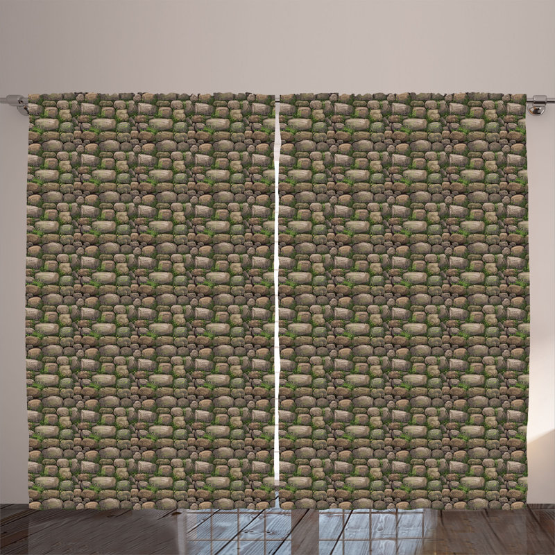 Rustic curtain, stones covered with moss, dark taupe fern green